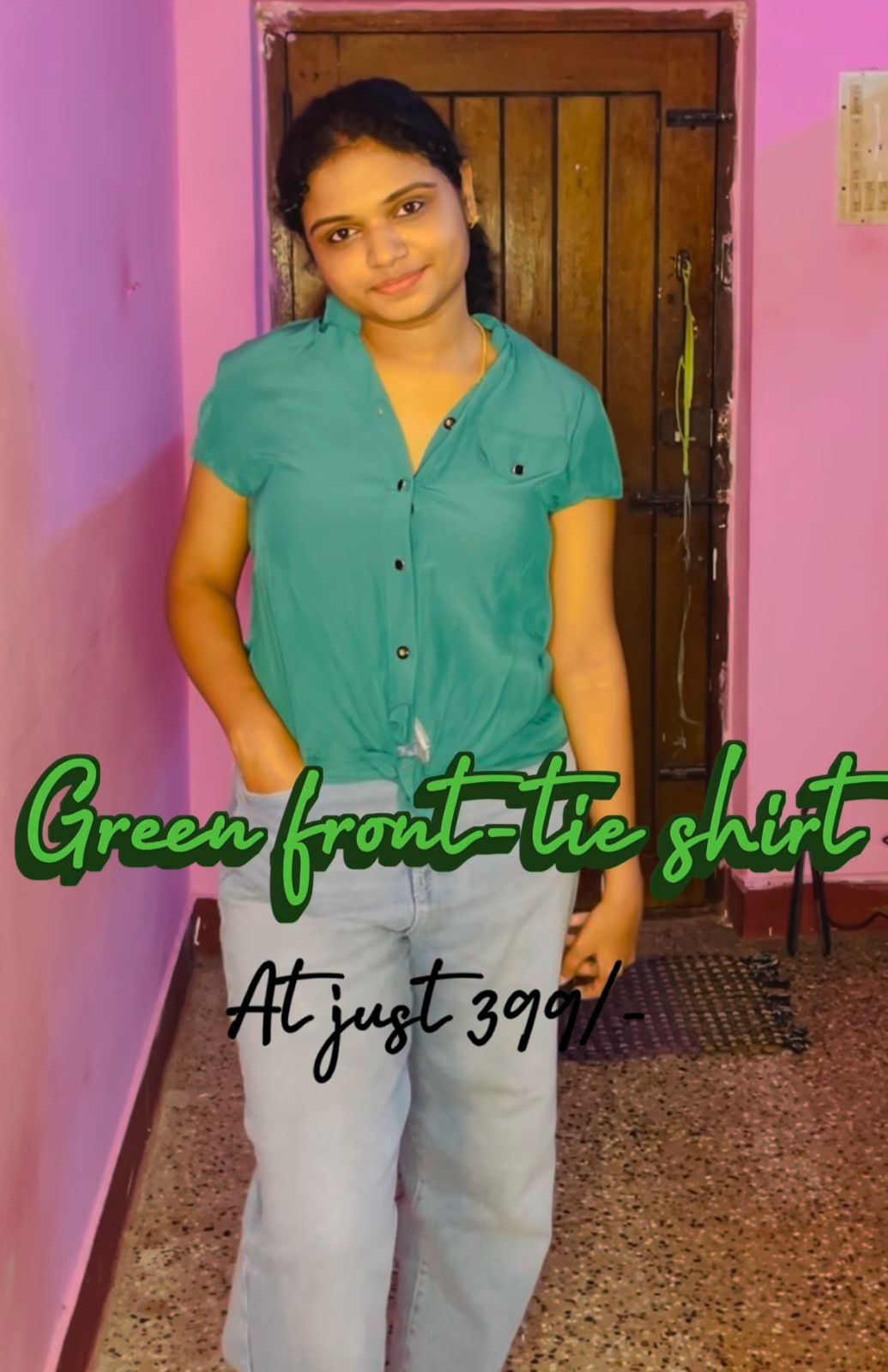 Green front-tie shirt