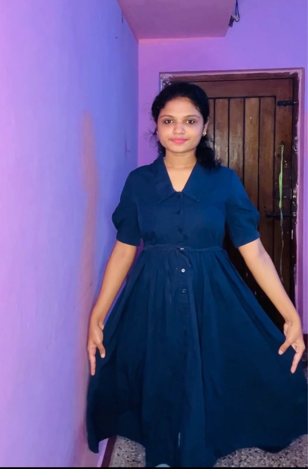 Navy Blue Button-Down Midi Dress