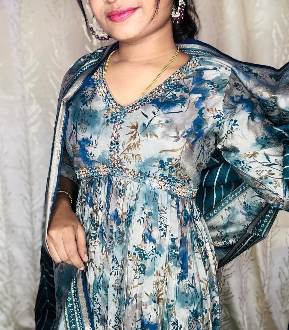 Elegant Floral Printed Anarkali Suit