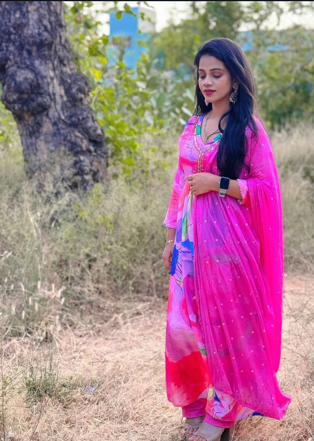 Pink Floral Anarkali Dress
