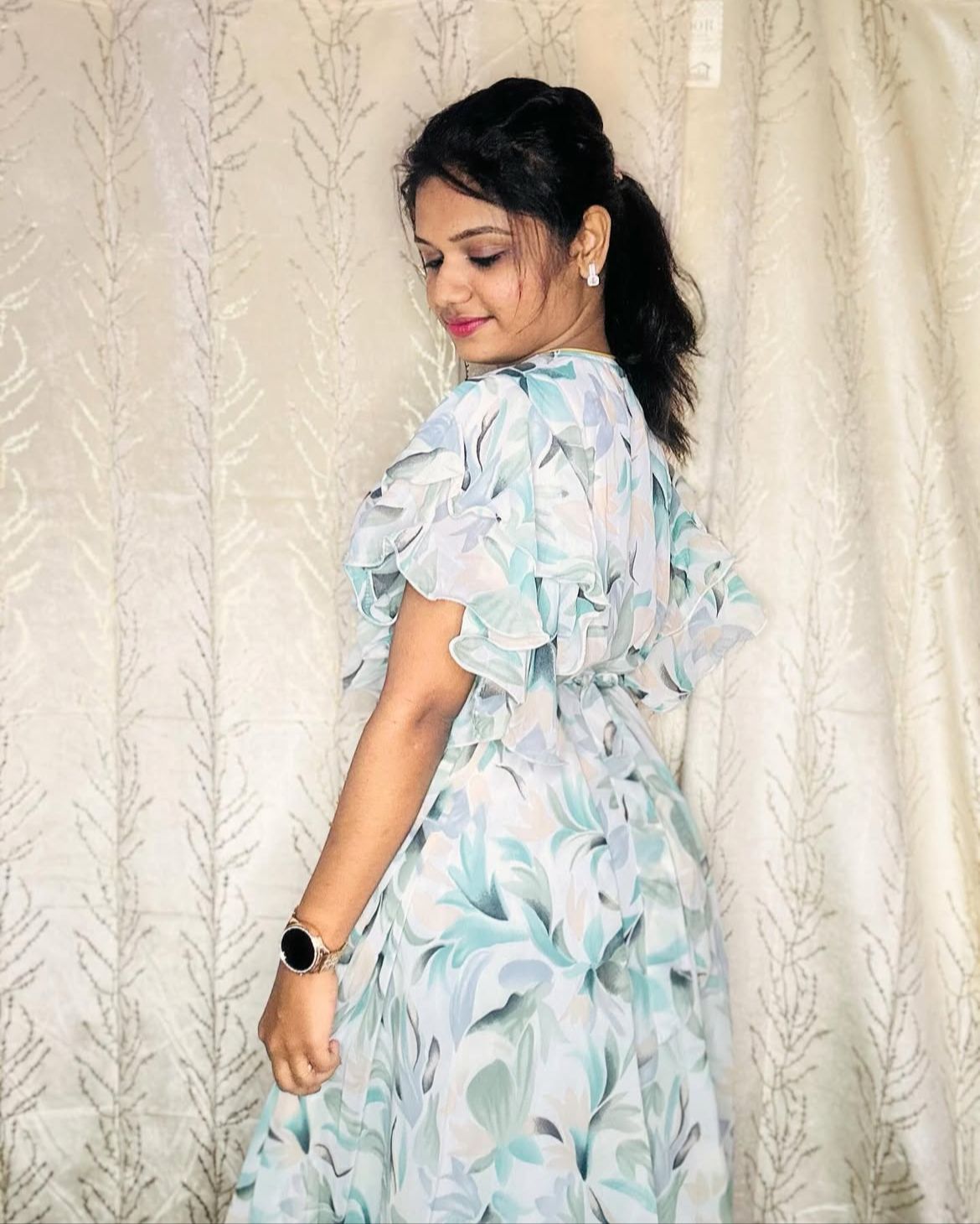 Floral Print Ruffle Sleeve Dress