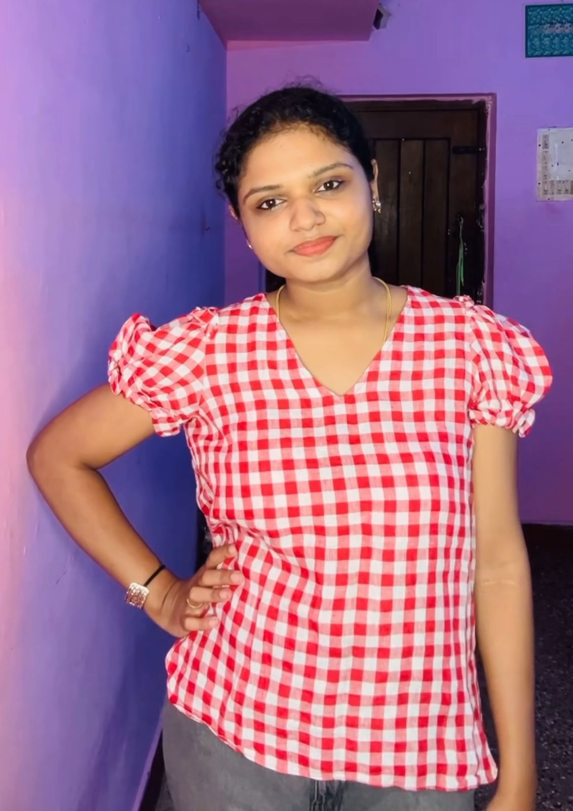 Red and White Checkered Puff Sleeve Top