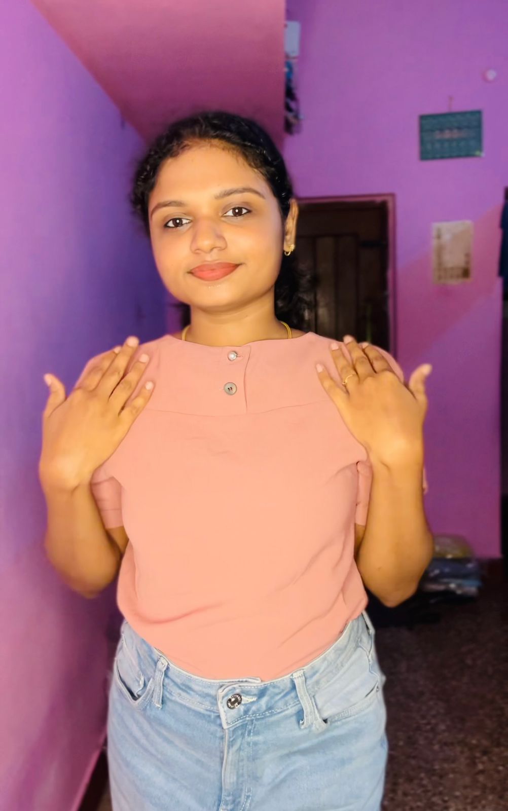 Peach  Short Sleeve Buttoned Top