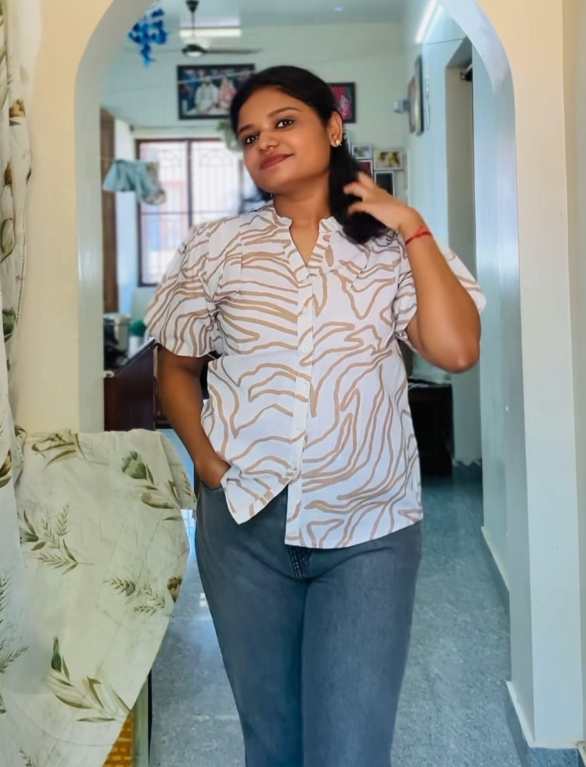 White Puff Sleeve Printed Shirt