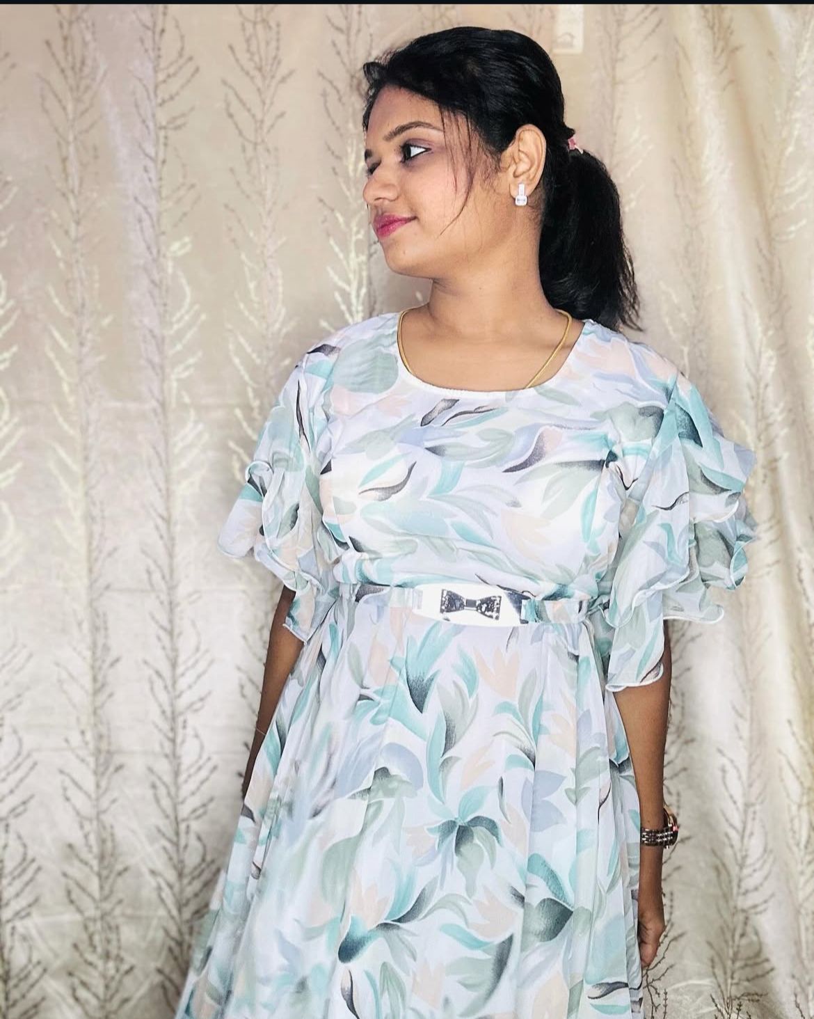 Floral Print Ruffle Sleeve Dress