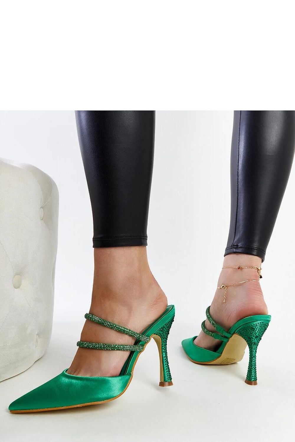 Green Satin Heeled Mules