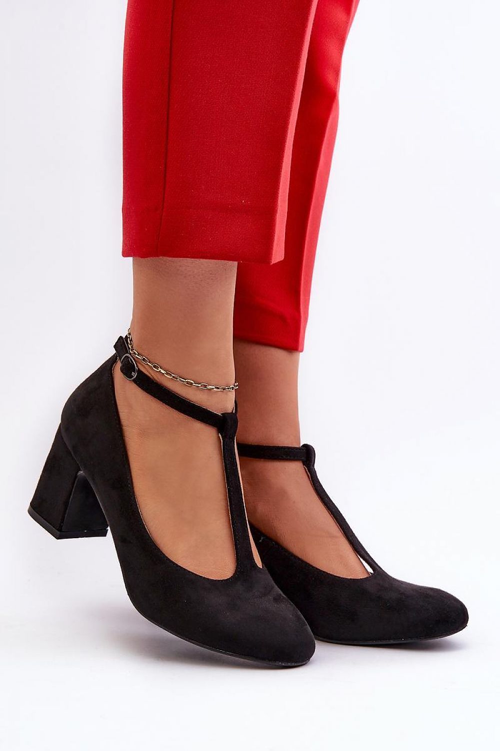 Women's Black Suede T-Strap Heels