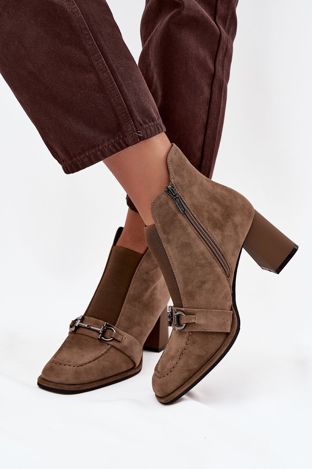 Brown suede heeled ankle boots