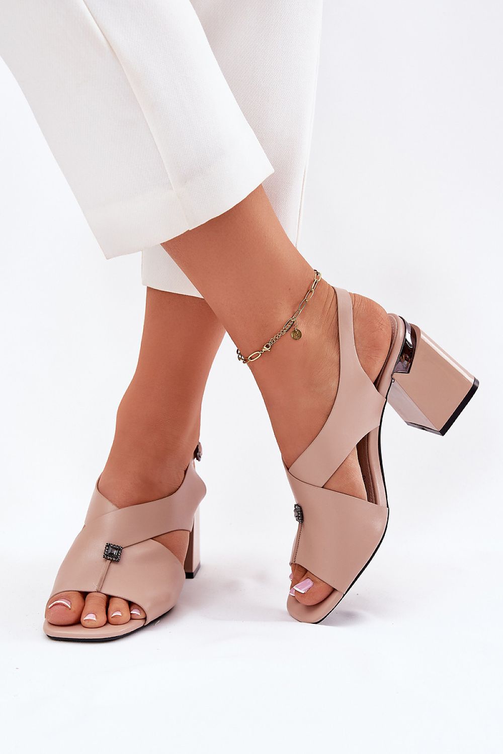 Beige open-toe block heel sandals