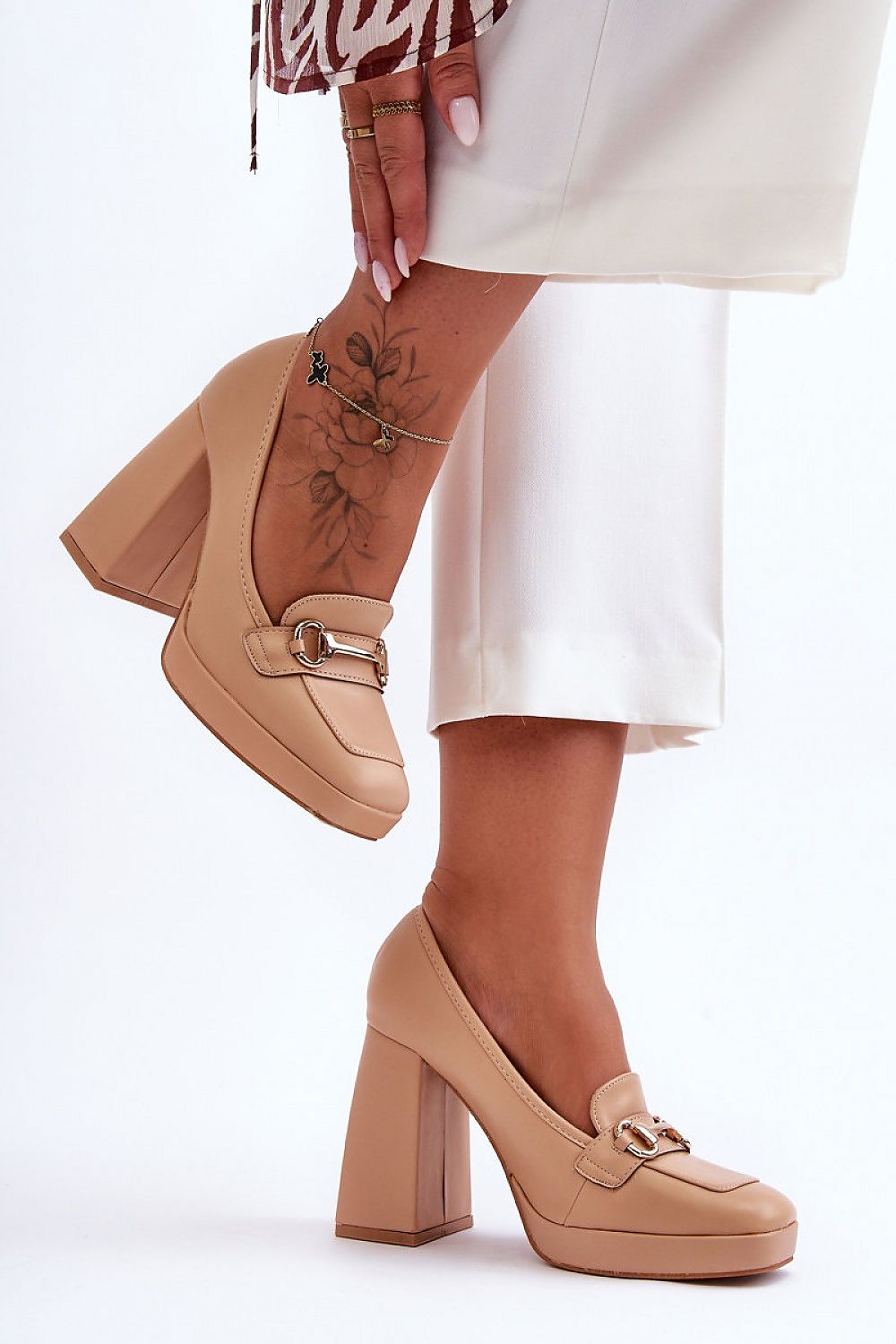 Beige Block Heel Loafers