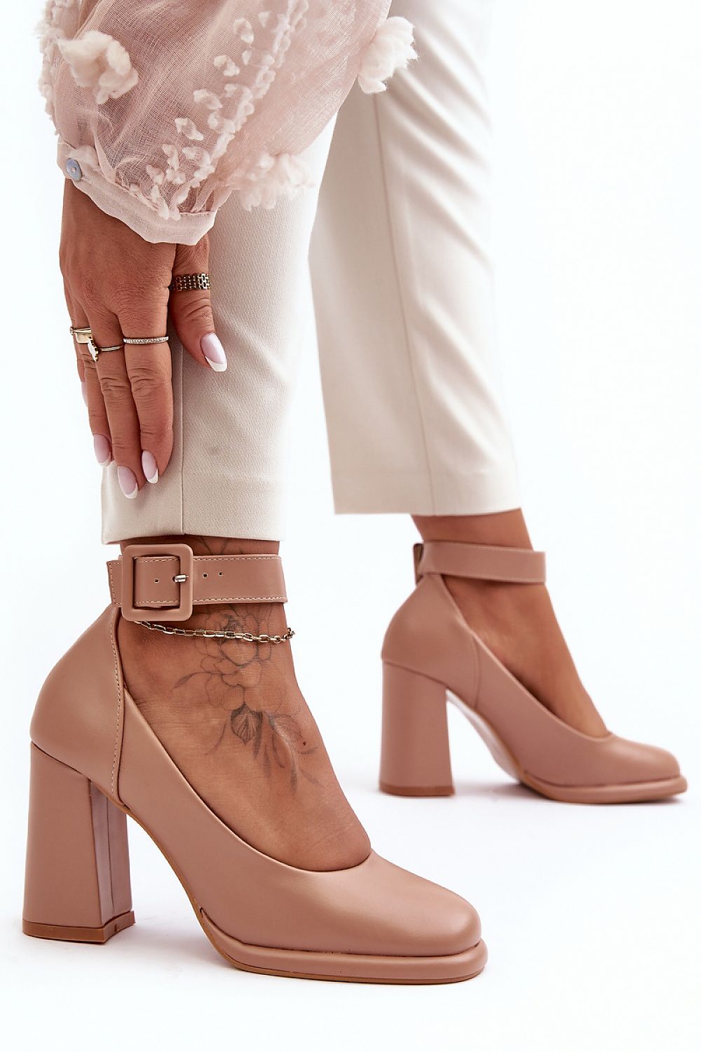Beige Block Heel Pumps