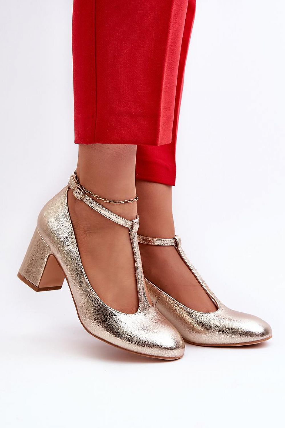 Gold T-Strap Block Heel Shoes