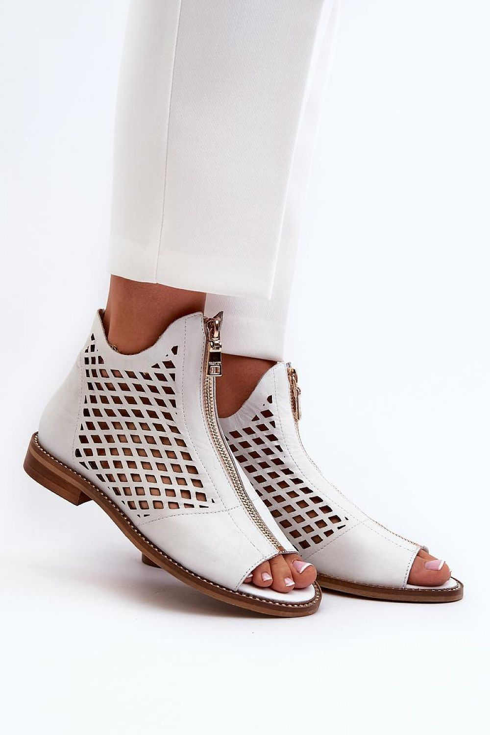 White cutout leather sandals