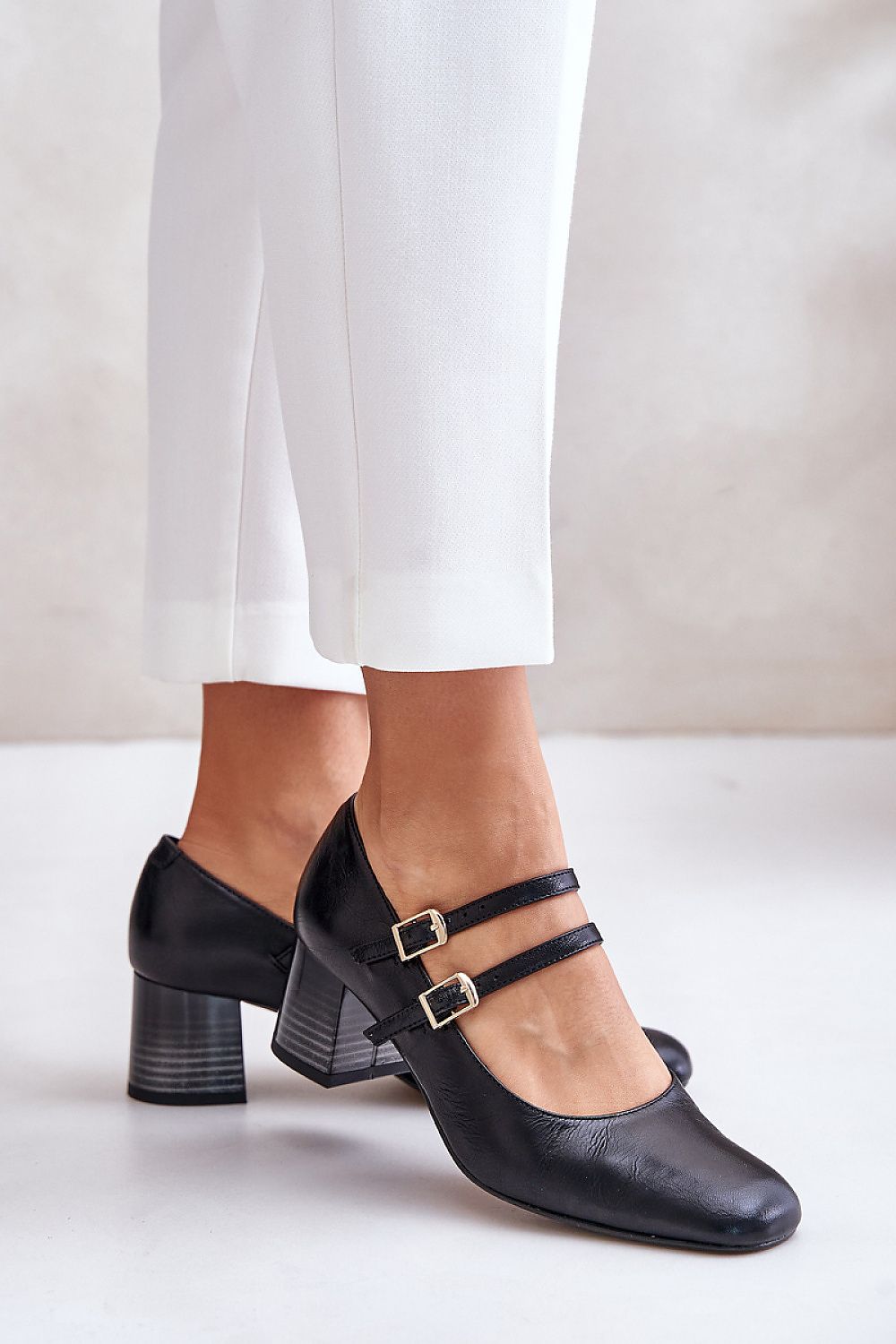 Black Double Strap Block Heel Shoes