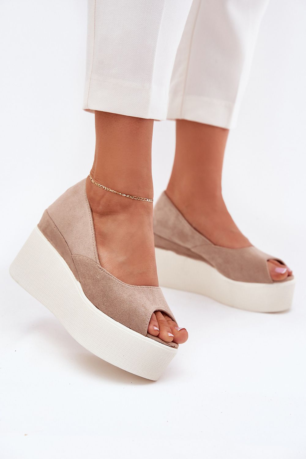 Beige Platform Peep Toe Shoes