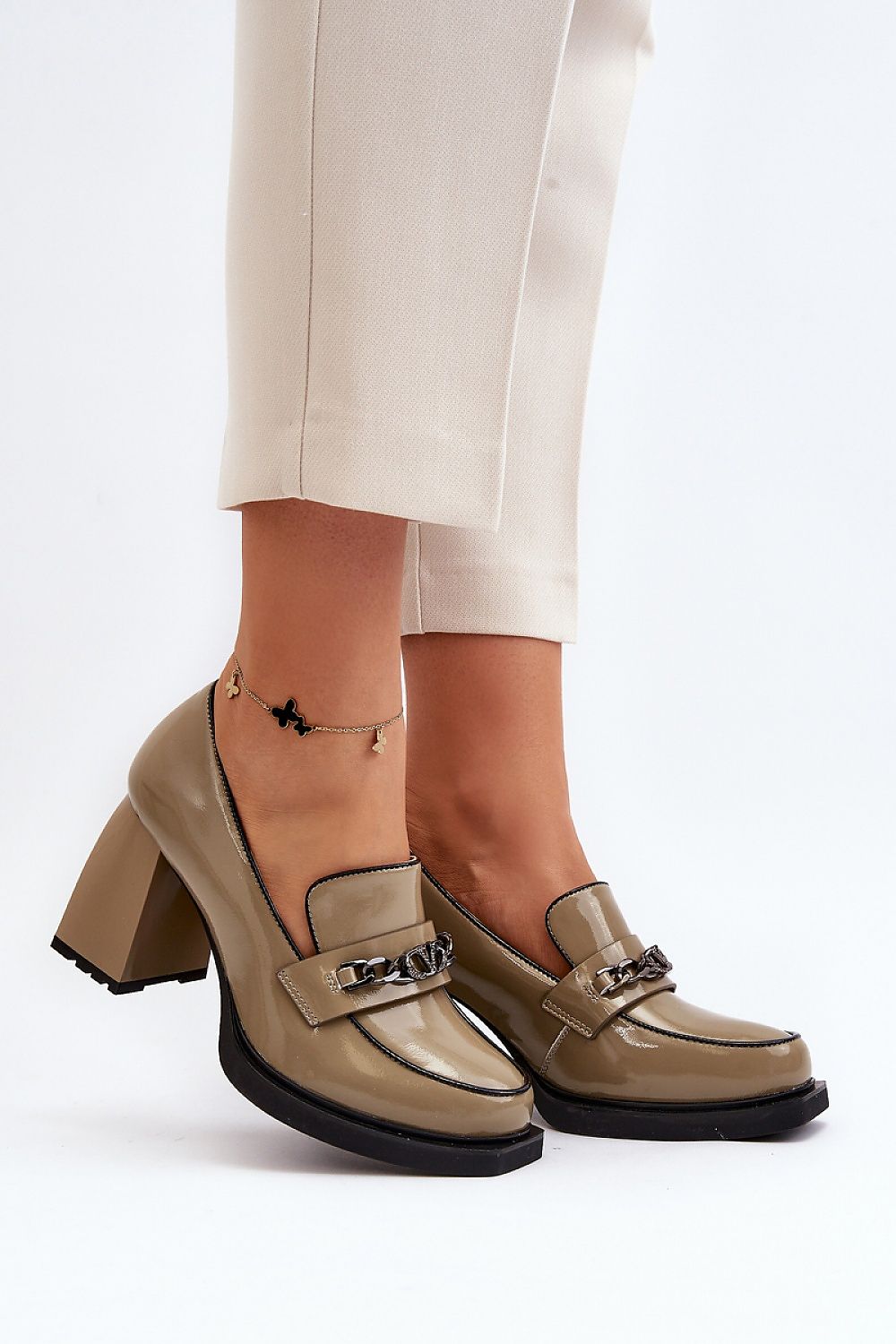 Beige Block Heel Loafers