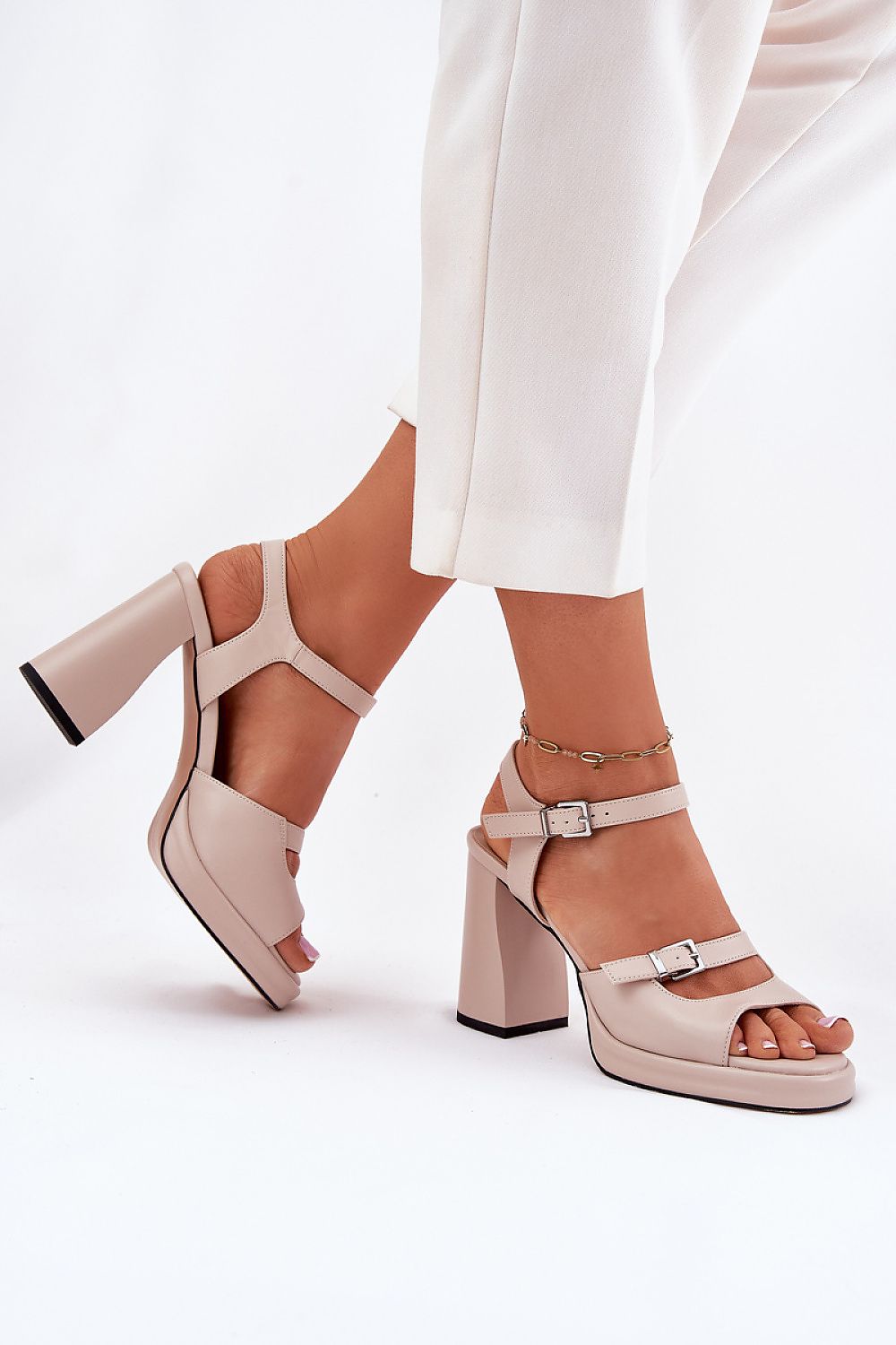 Beige Block Heel Sandals