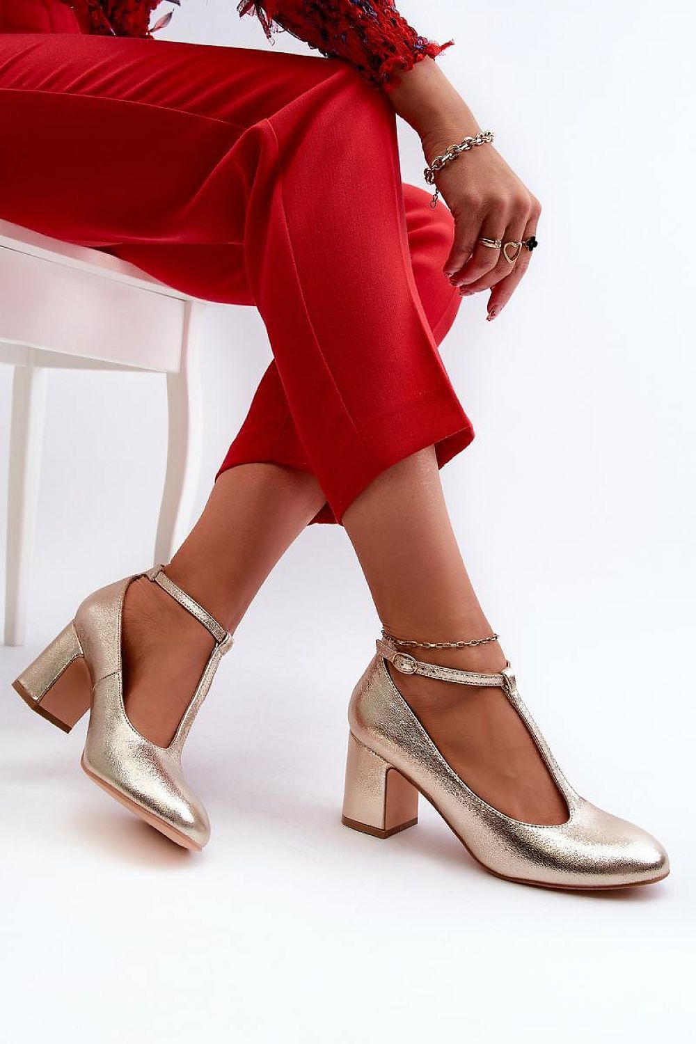 Gold T-Strap Block Heel Shoes