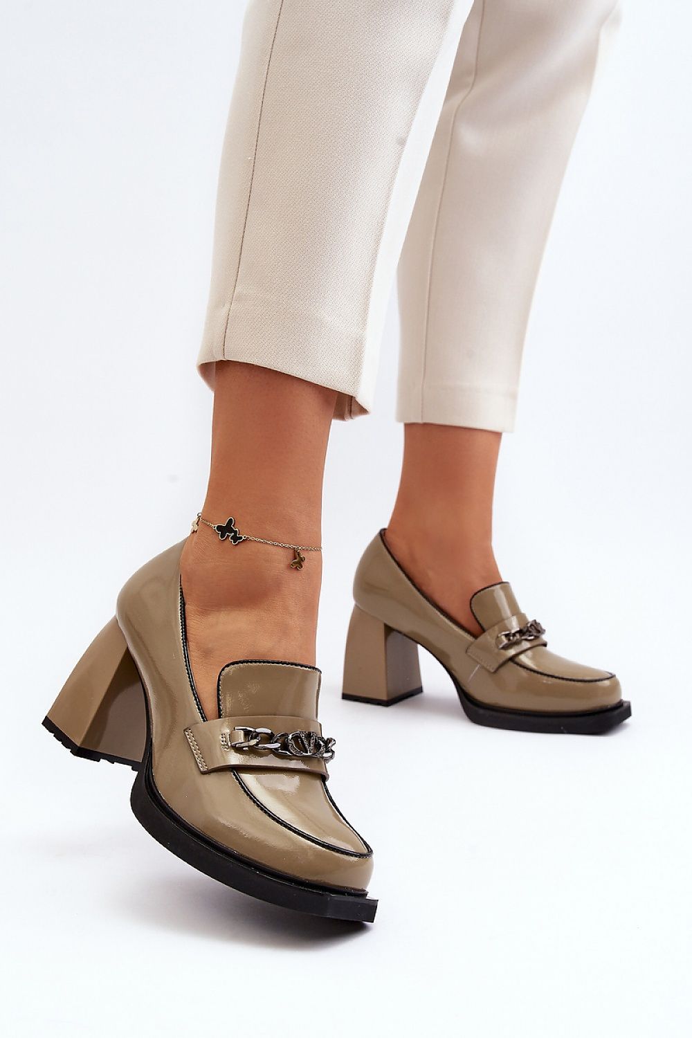 Beige Block Heel Loafers