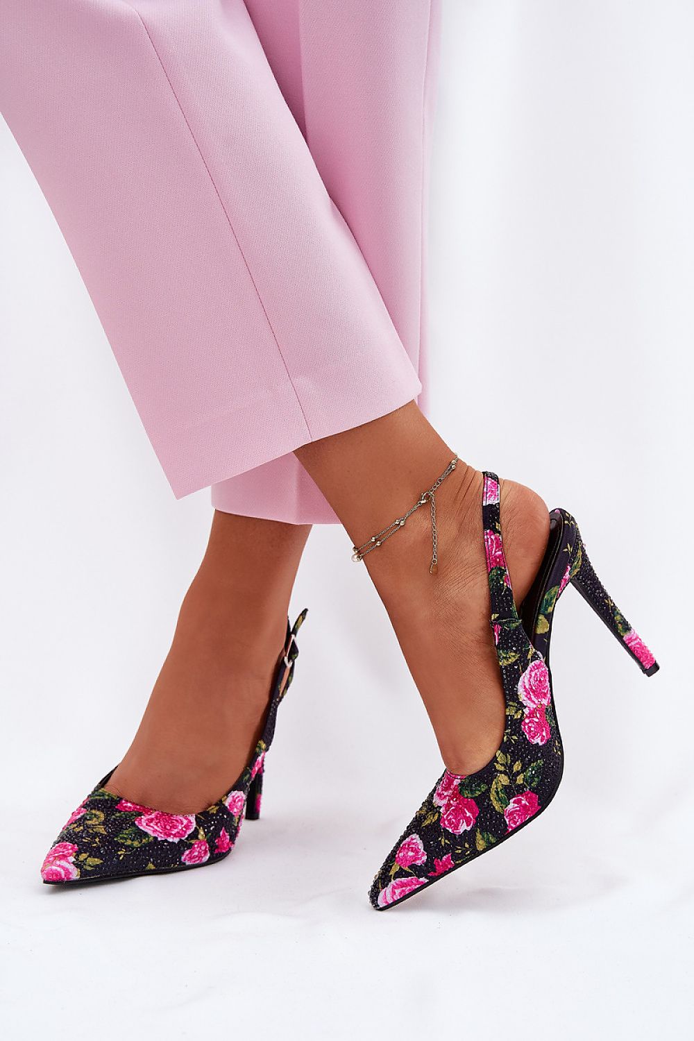 Floral Pattern High Heel Slingback Shoes