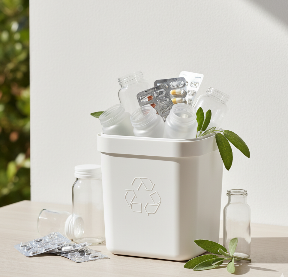 Contenedor de reciclaje para medicamentos y botellas