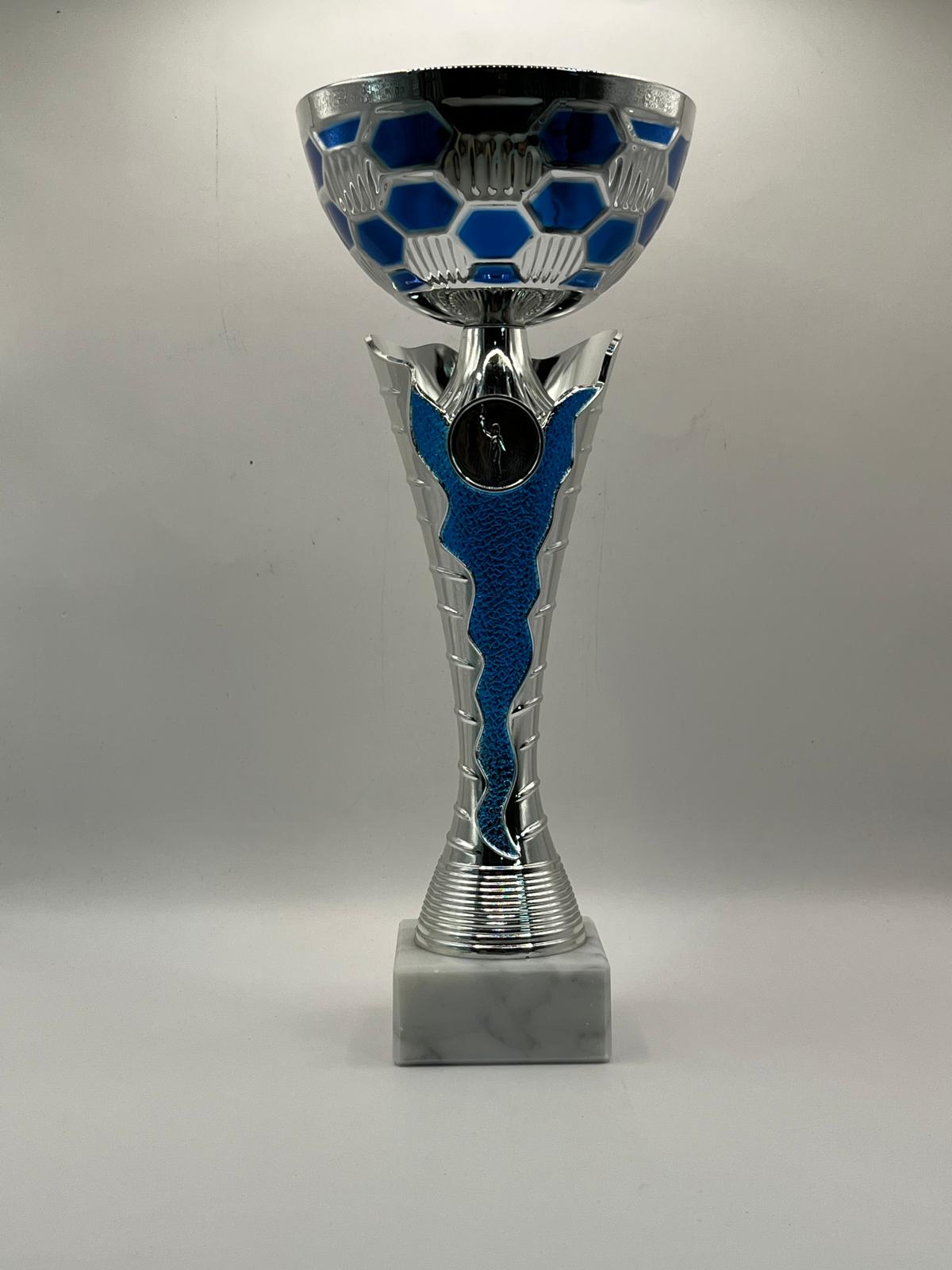 Trofeo plateado y azul