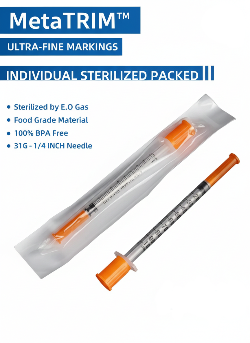 Box of 100 1ml U-100 Syringes 31 Gauge 1/4 Inches (6mm) 