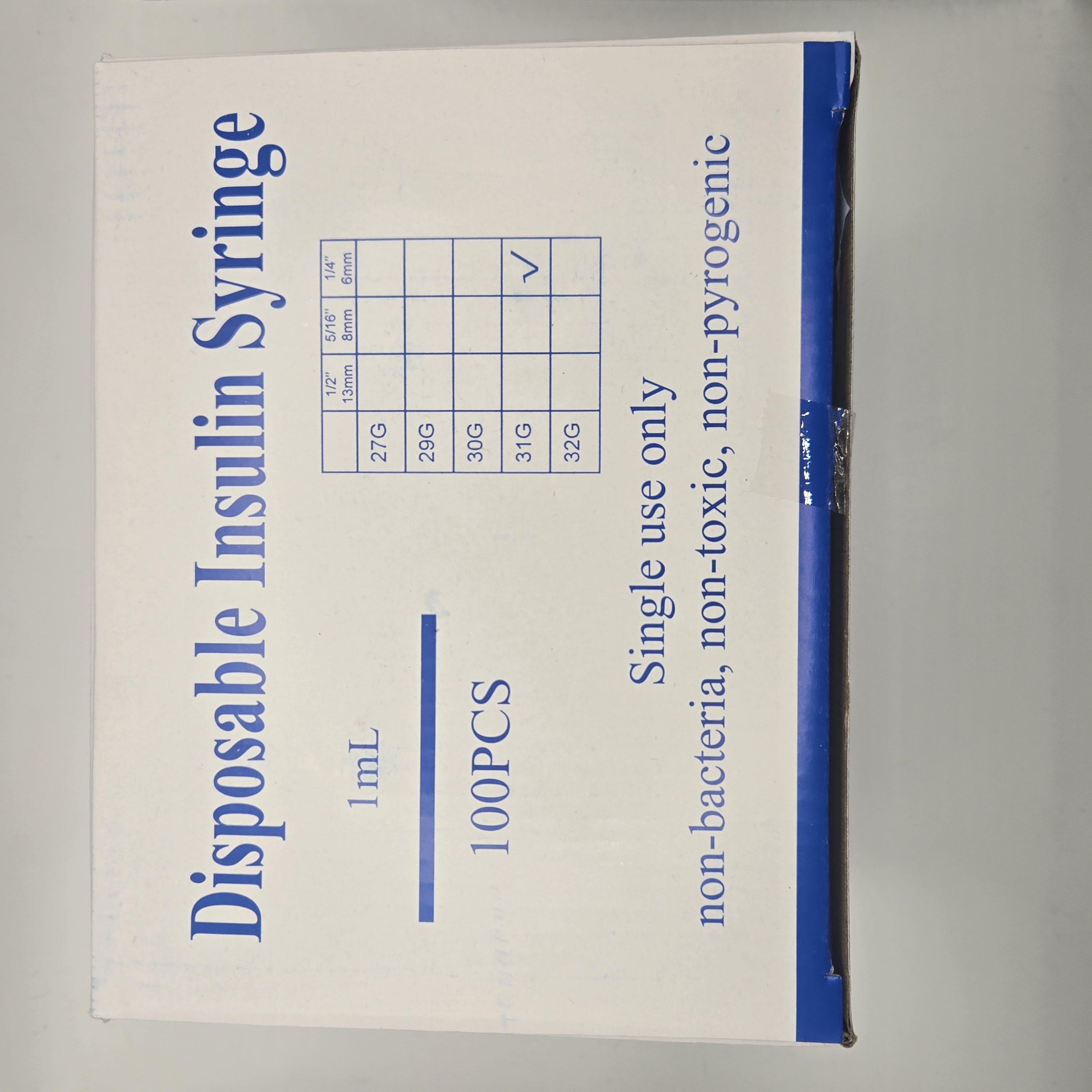 Box of 100 1ml U-100 Syringes 31 Gauge 1/4 Inches (6mm) 