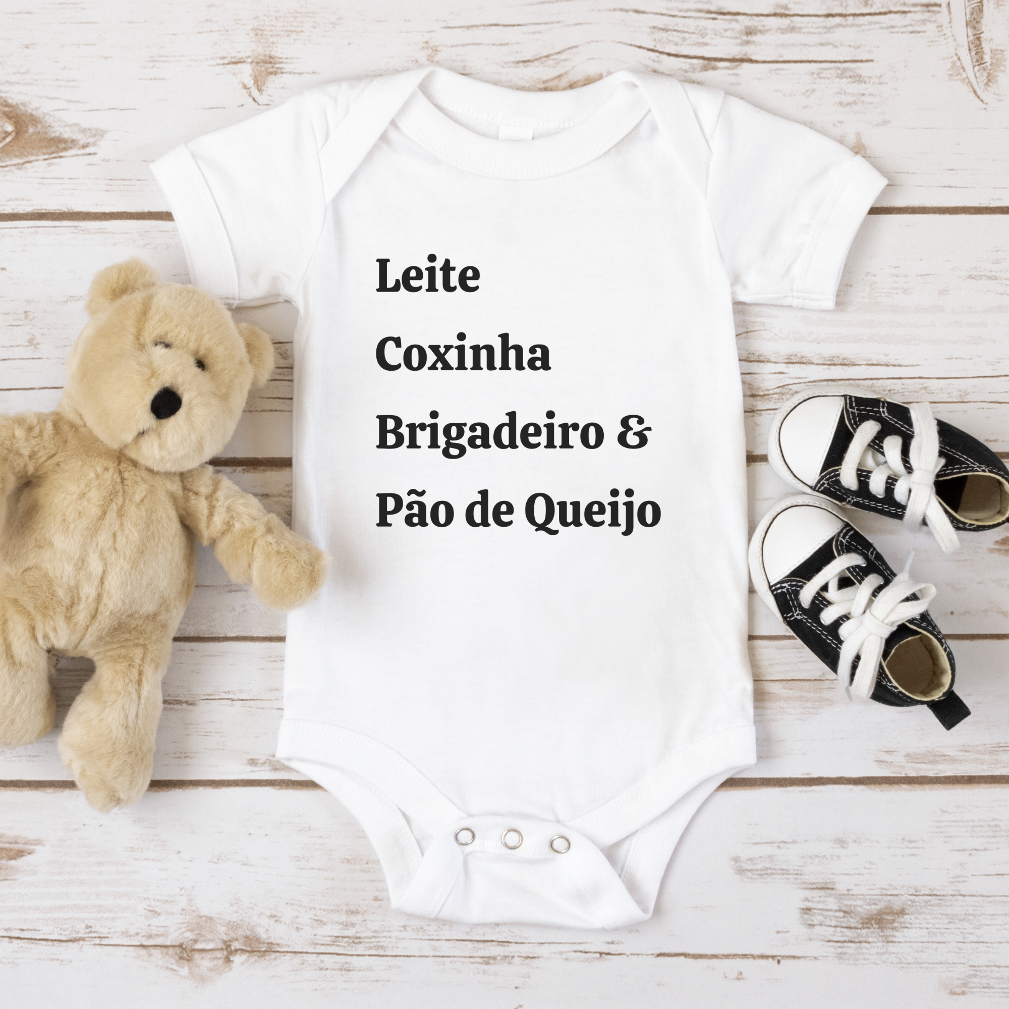 Leite, Coxinha, Brigadeiro & Pao de Queijo Brazilian Baby short sleeve bodysuit