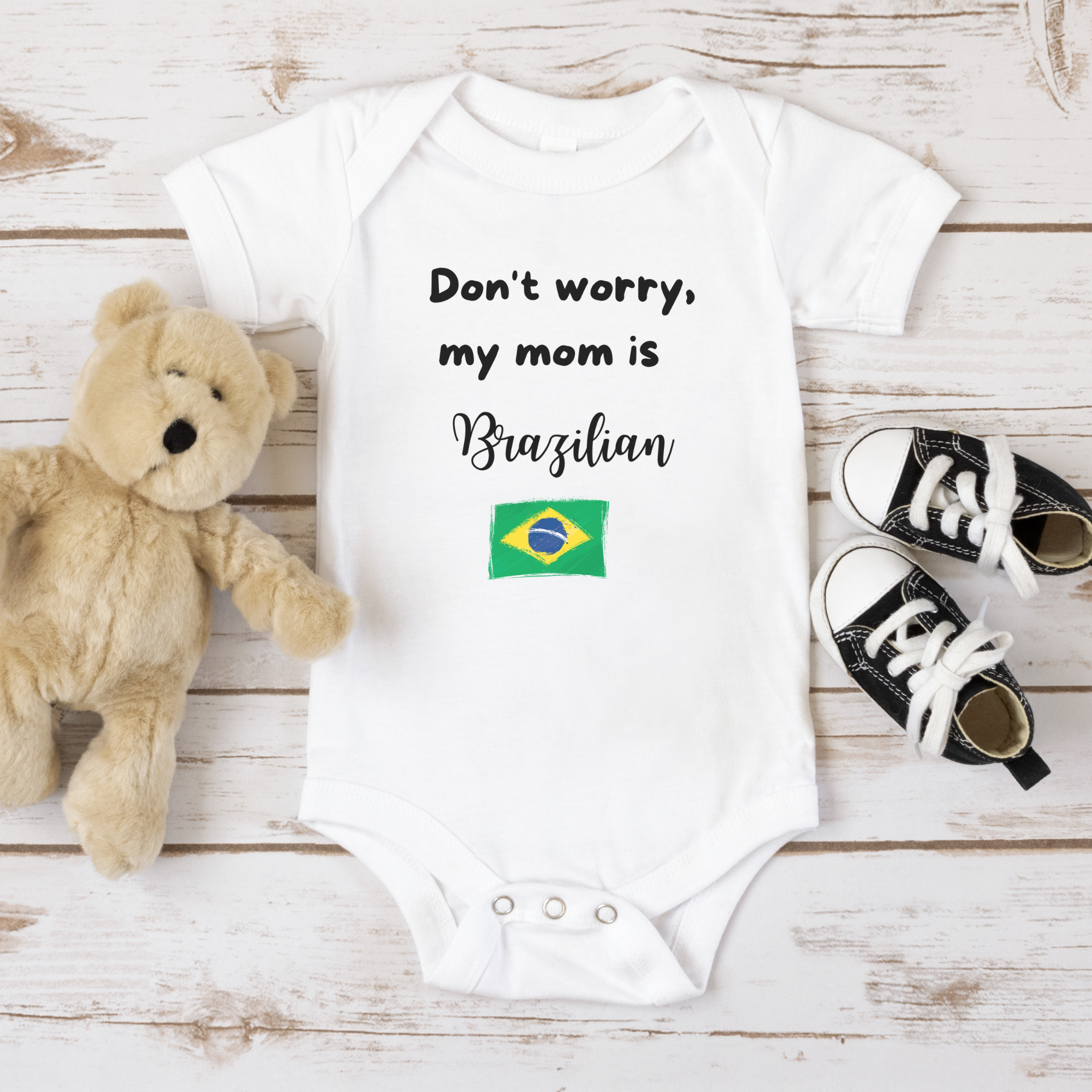 Don't worry My Mom is Brazilian Baby Short Sleeve Onesie