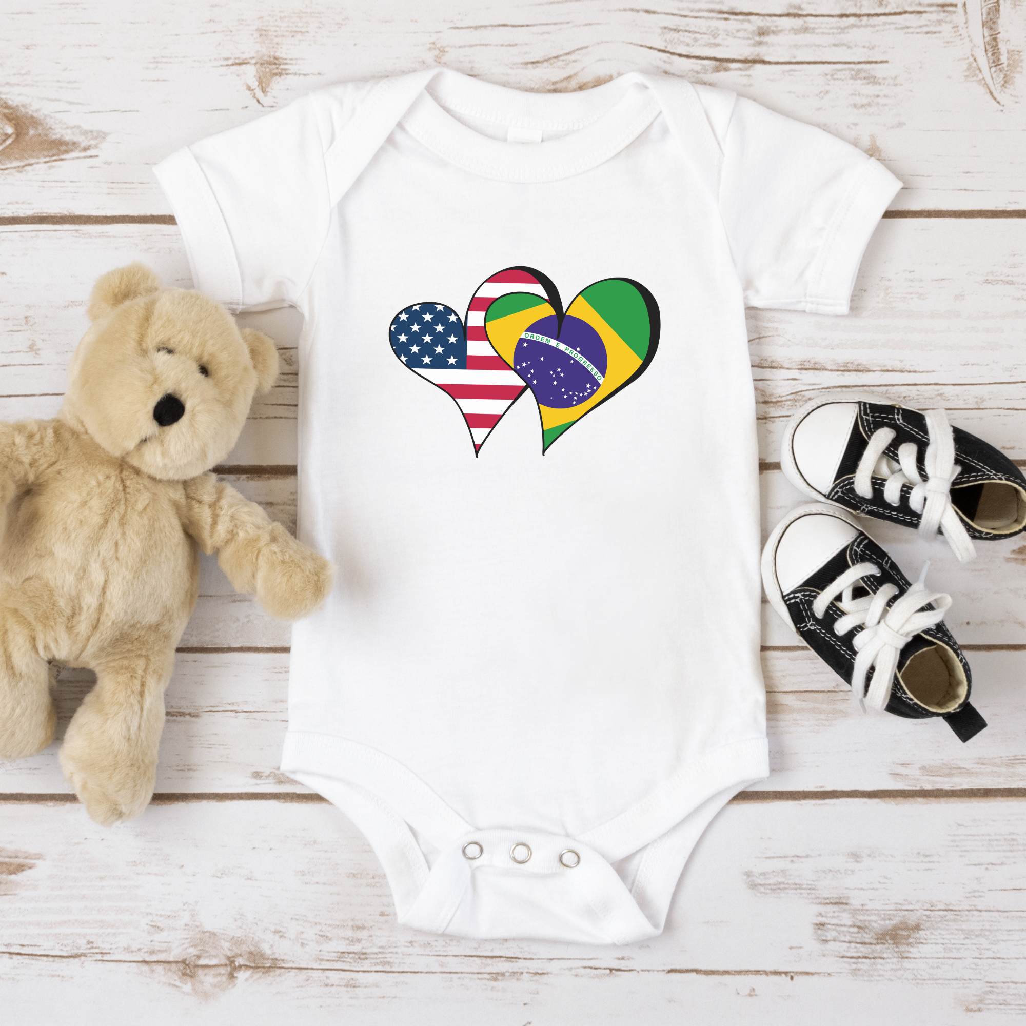Brazilian American Flags Heart Baby short sleeve onesie