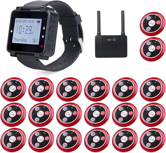 Retekess T128 Restaurant Pager,Système d'Appel sans Fil, 1 Montre, 20 Boutons d'Appel et 1 Amplificateur, Adapté aux Hôpitaux Bar Dentaire Pizzeria