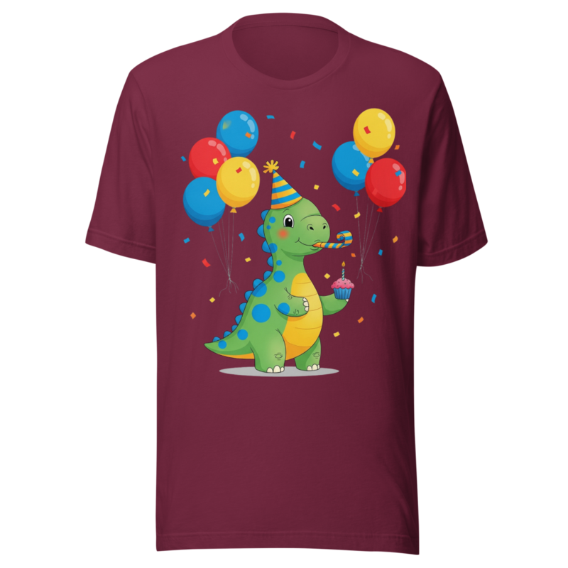 Cute Cartoon Dino Birthday Party with Balloons and Cupcake