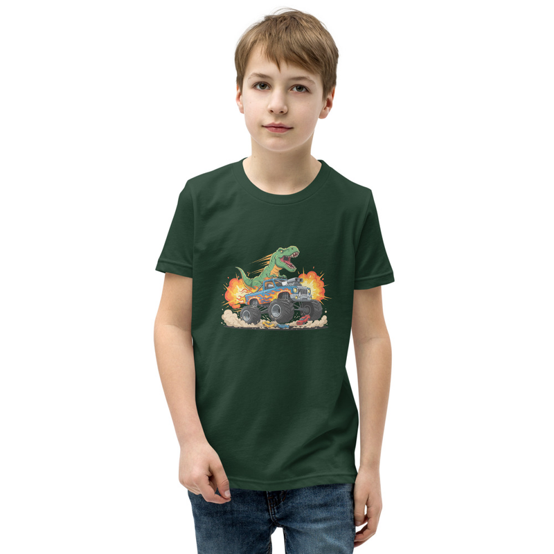 Roaring Monster Truck Dino  Youth Short Sleeve T-Shirt