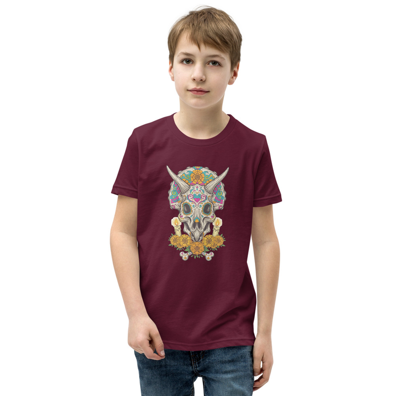 Vibrant Triceratops Sugar Skull Day of the Dead Youth Short Sleeve T-Shirt