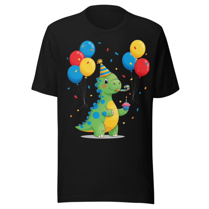 Cute Cartoon Dino Birthday Party with Balloons and Cupcake
