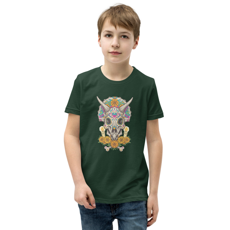 Vibrant Triceratops Sugar Skull Day of the Dead Youth Short Sleeve T-Shirt