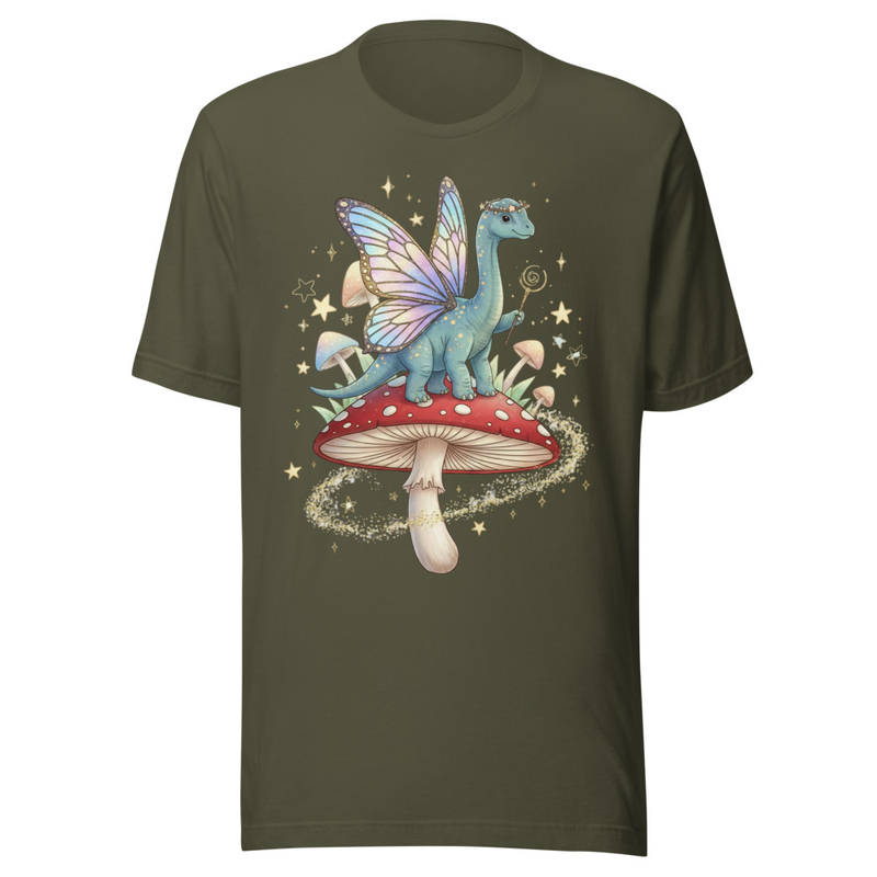 Whimsical Dino Fairy on a Mushroom with Sparkles