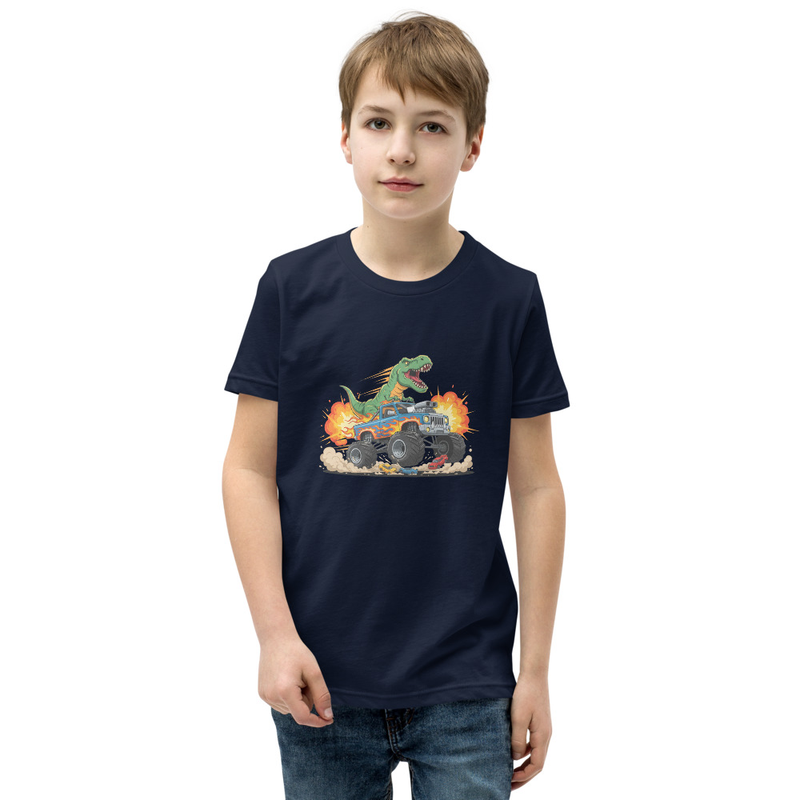 Roaring Monster Truck Dino  Youth Short Sleeve T-Shirt