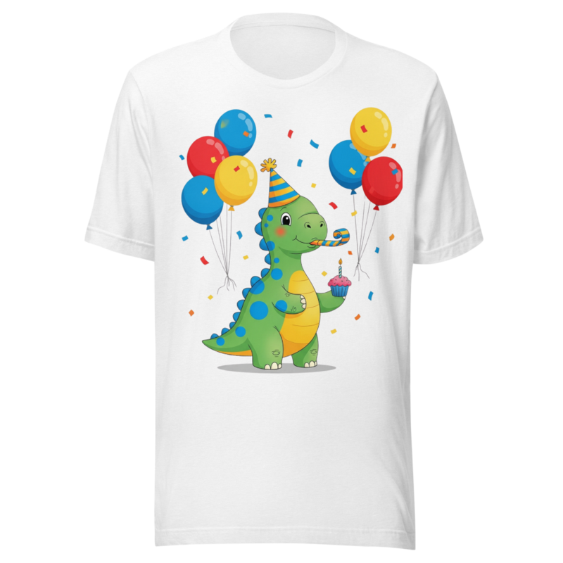 Cute Cartoon Dino Birthday Party with Balloons and Cupcake