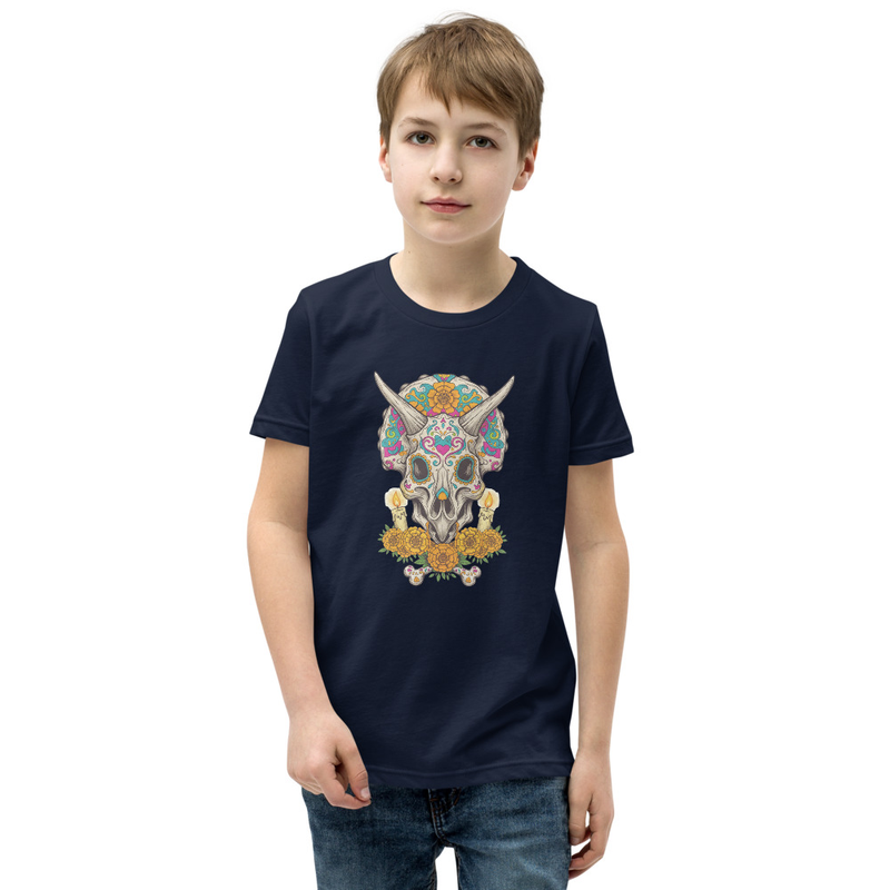 Vibrant Triceratops Sugar Skull Day of the Dead Youth Short Sleeve T-Shirt