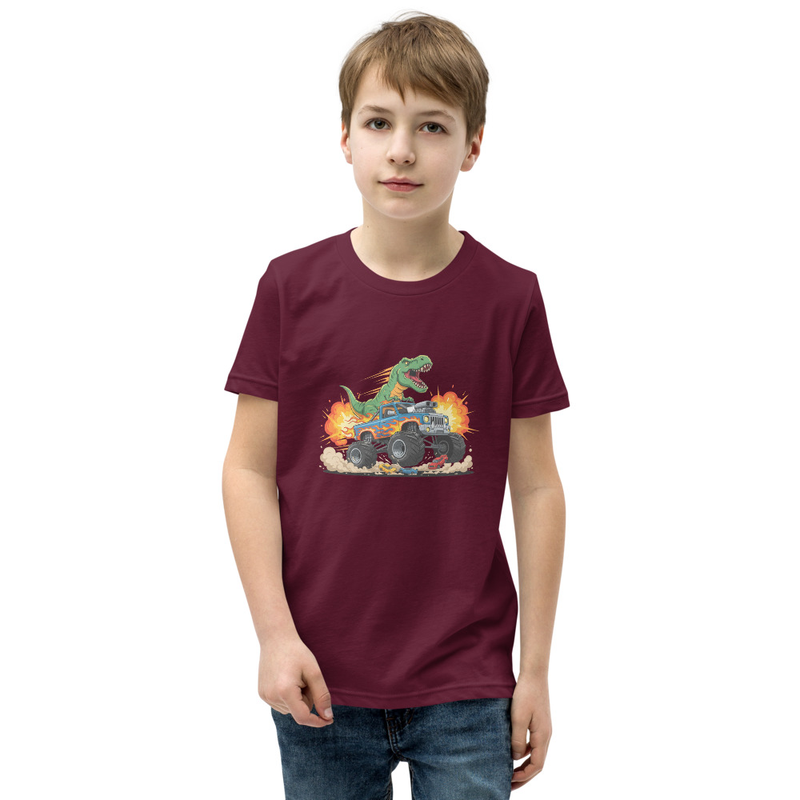 Roaring Monster Truck Dino  Youth Short Sleeve T-Shirt