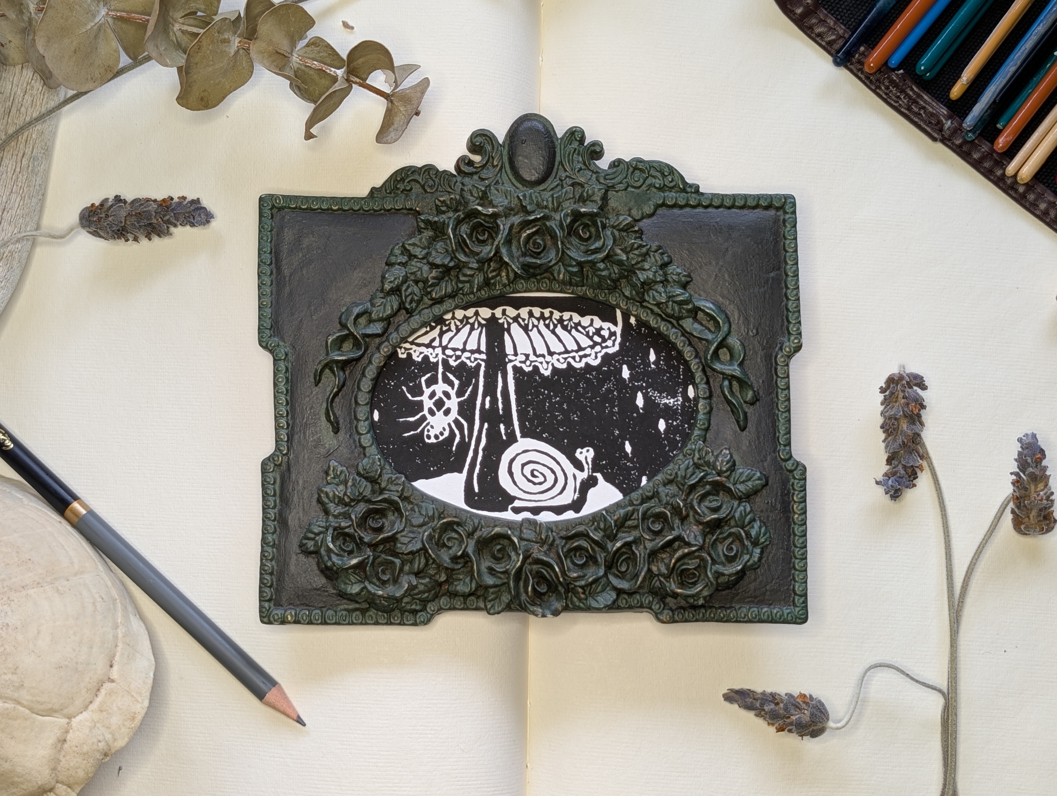 Snail and Spider Linoleum Print - Framed