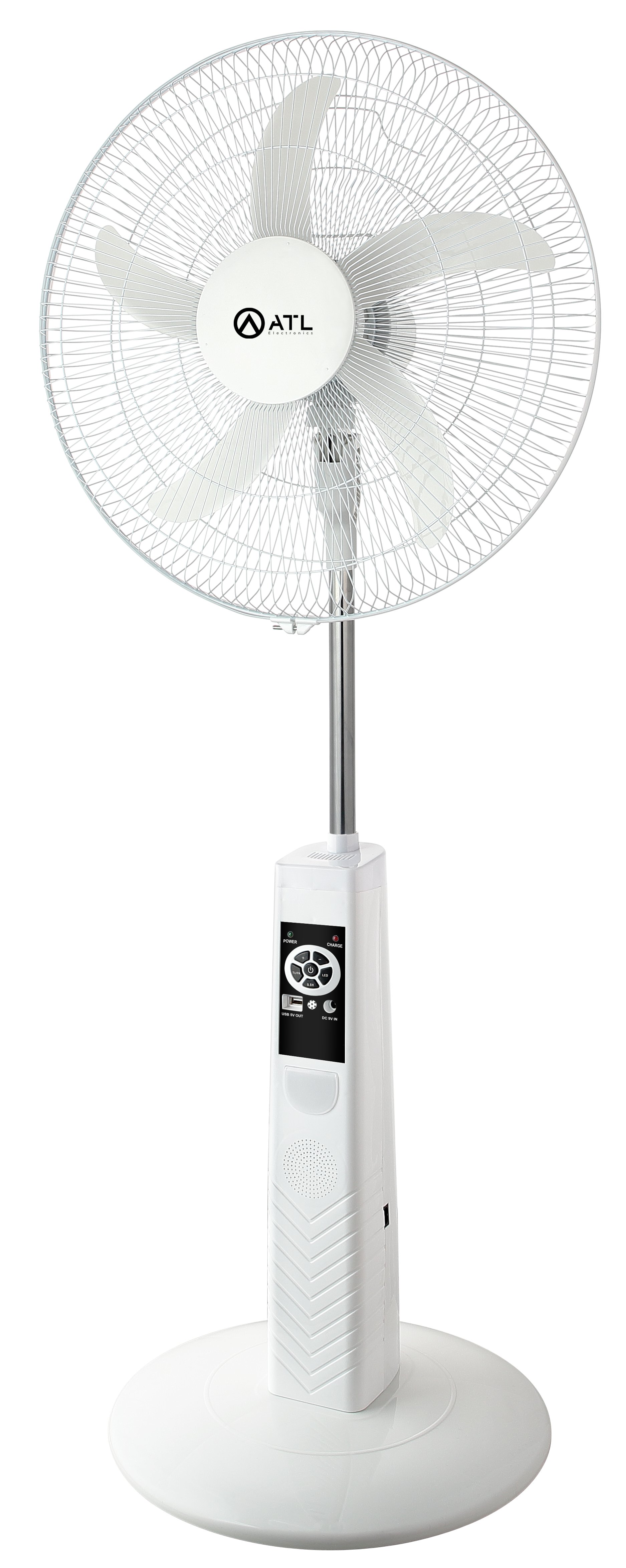 VENTILATEUR SUR PIED ATL 18"/ RECHARGEABLE / TELECOMMANDE / 05 HELICES/ 3 VITESSES/ 220V / 50 Hz / 40W / BLANC