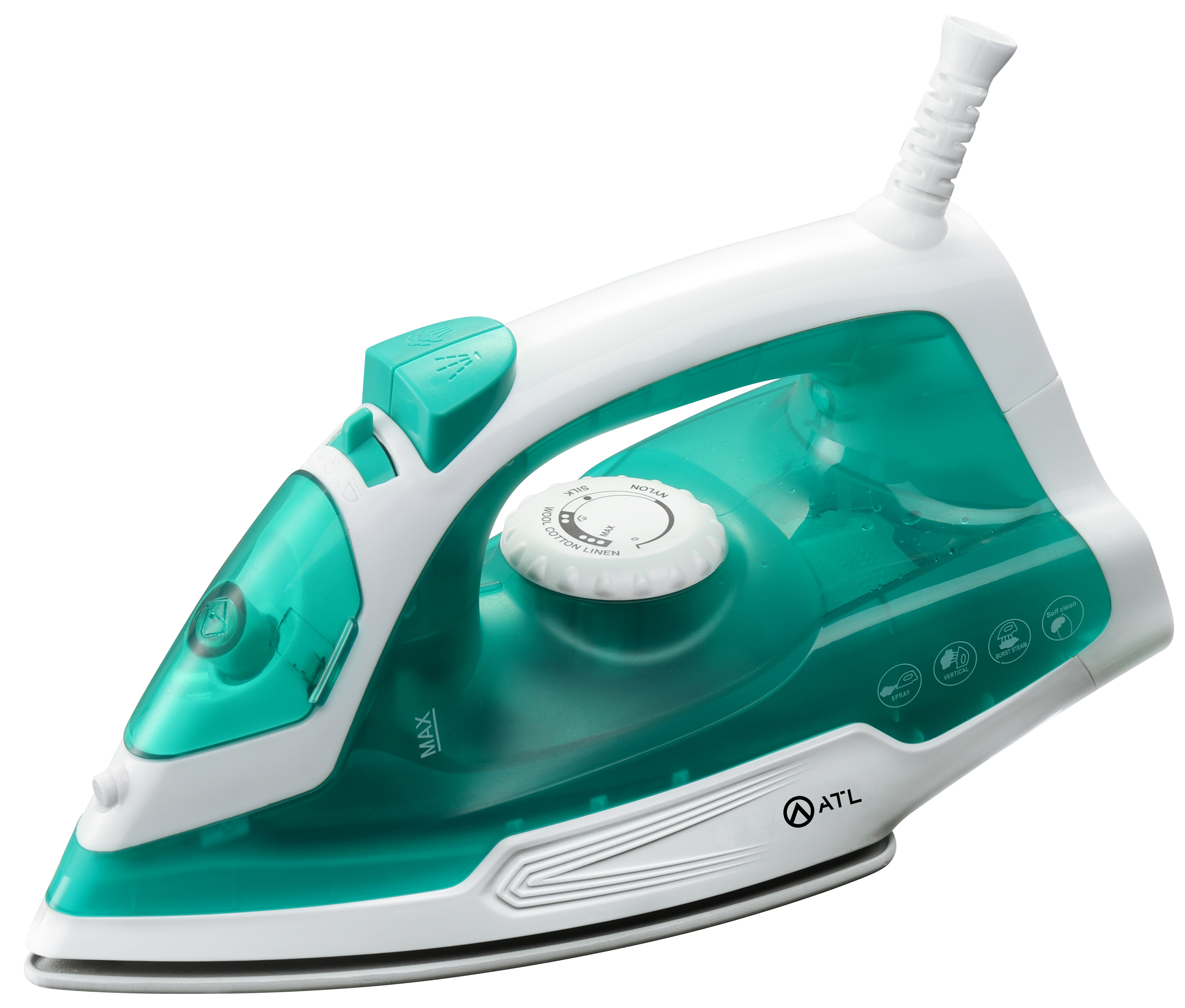 FER A REPASSER ATL A VAPEUR 1200W/ VERT BLANC/  FONCTION SELF CLEANING/ CORDON FLEXIBLE 360°/ PROTECTION CONTRE SURCHAUFFE