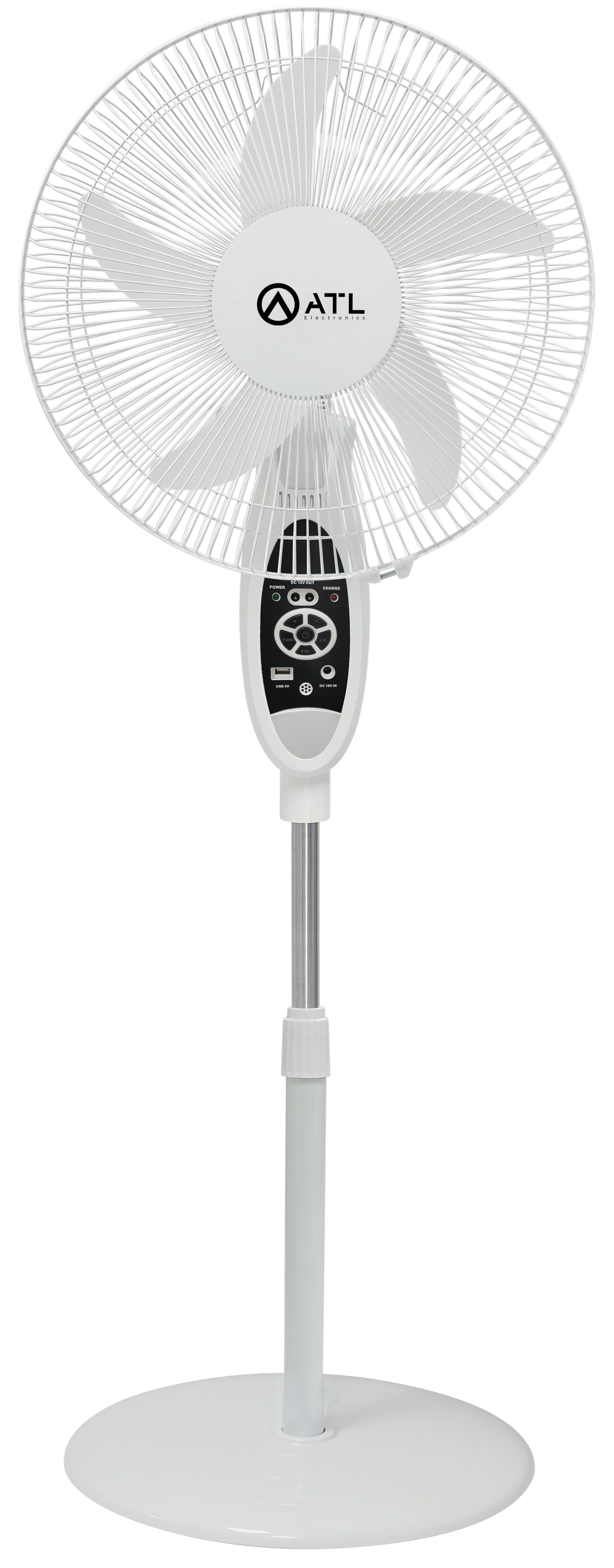 VENTILATEUR SUR PIED ATL 16"/ RECHARGEABLE / 05 HELICES/ 3 VITESSES/ 220V / 50 Hz / 35W / BLANC 
