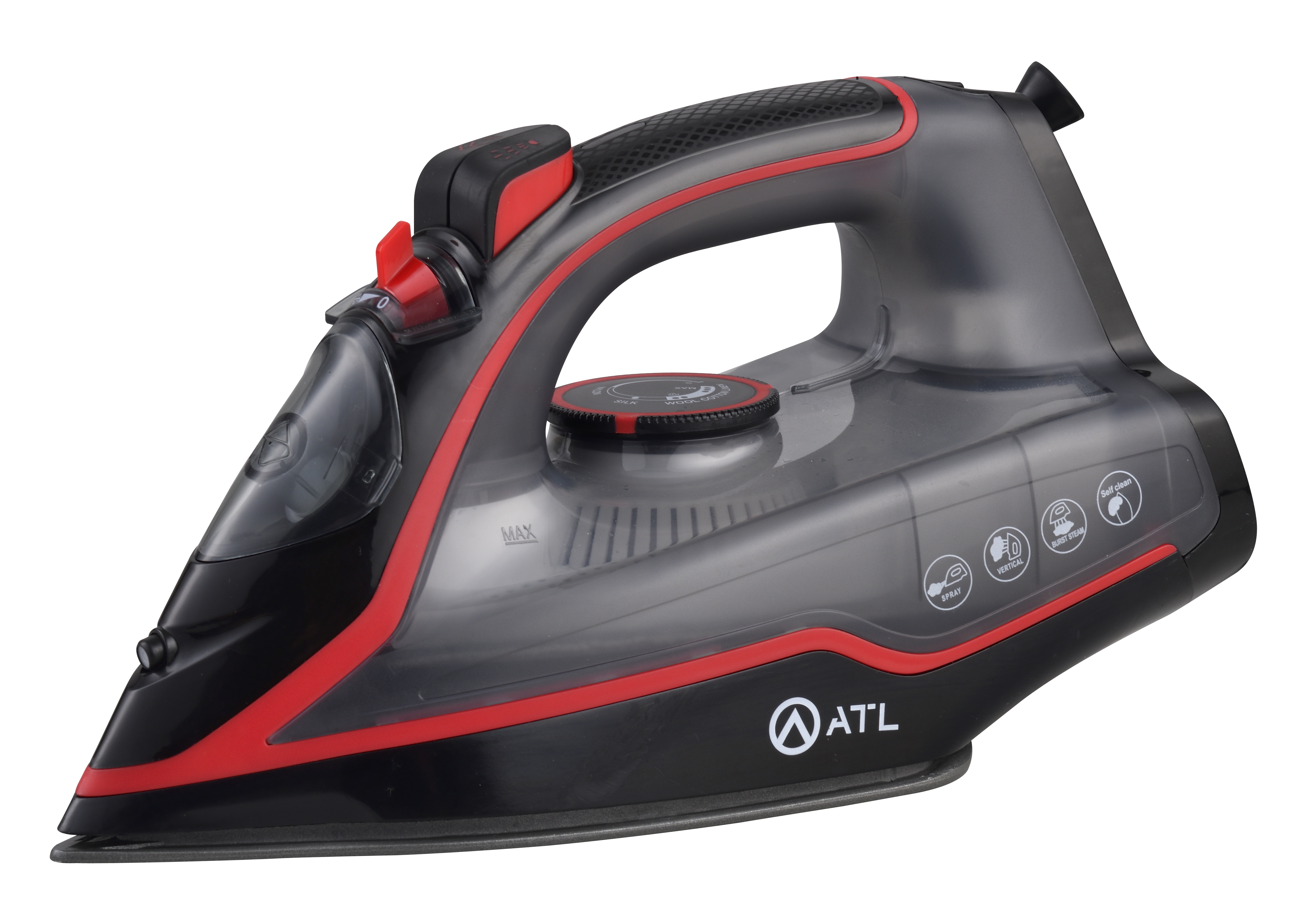 FER A REPASSER ATL A VAPEUR 2200W/ NOIR ROUGE/ FONCTION SELF CLEANING/ CORDON FLEXIBLE 360°/ PROTECTION CONTRE SURCHAUFFE