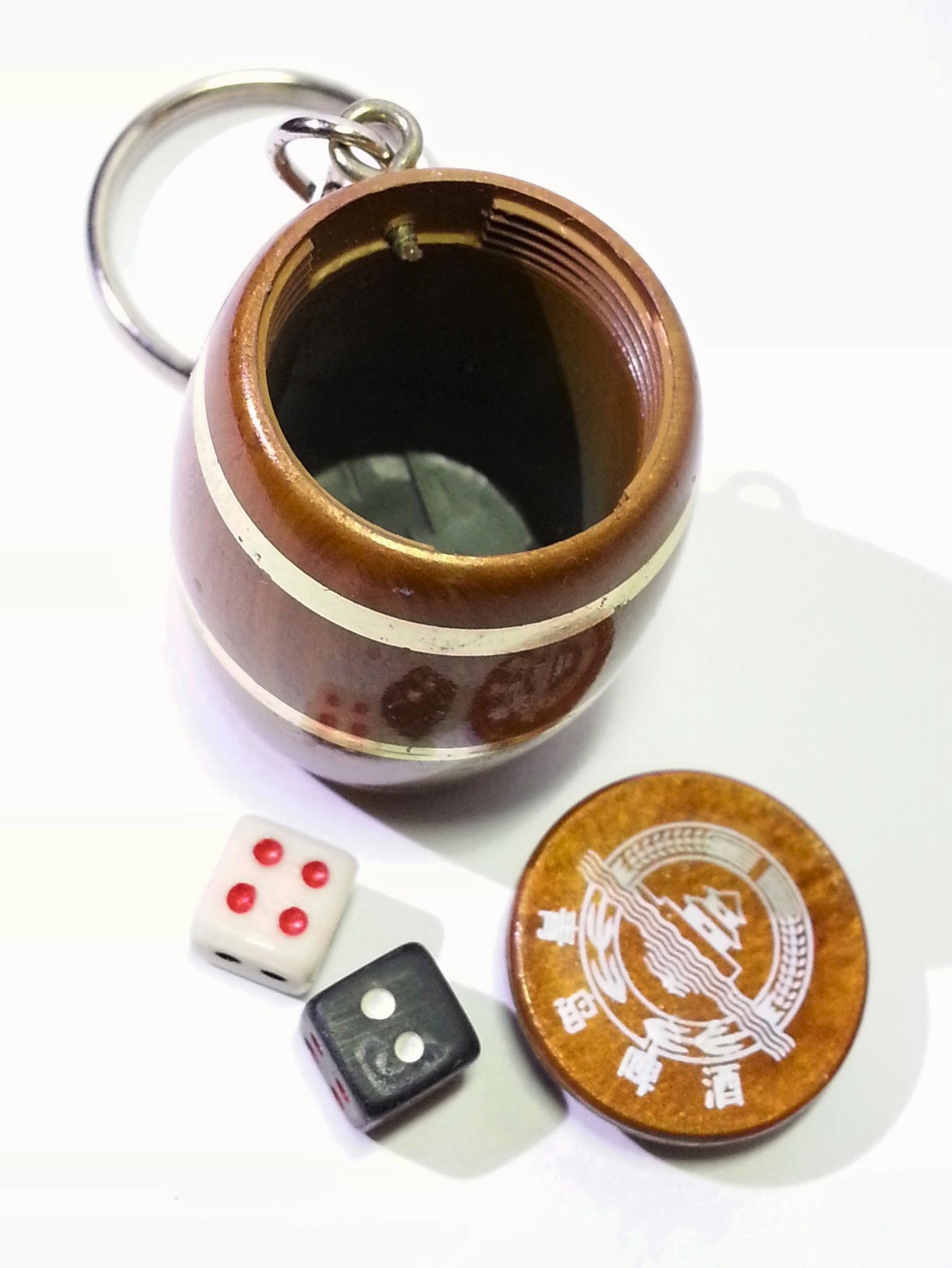 Tsingtao Beer Plastic Mini Barrel Keychain w/ 2 Dices - Vintage Unused Key Ring