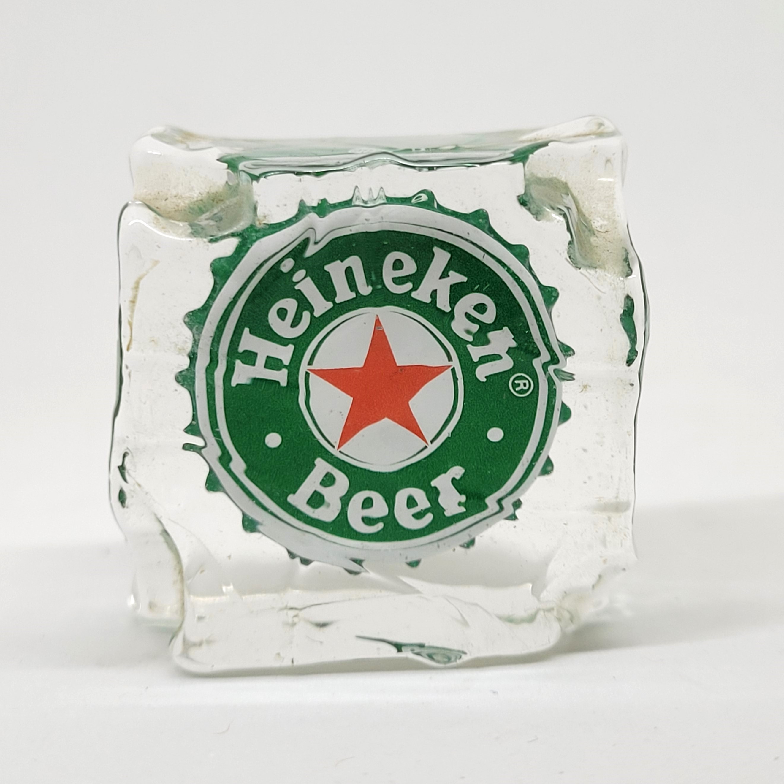 Heineken Beer Bottle Cap In Acrylic Ice Cube Paperweight - 1990s Rare Vintage