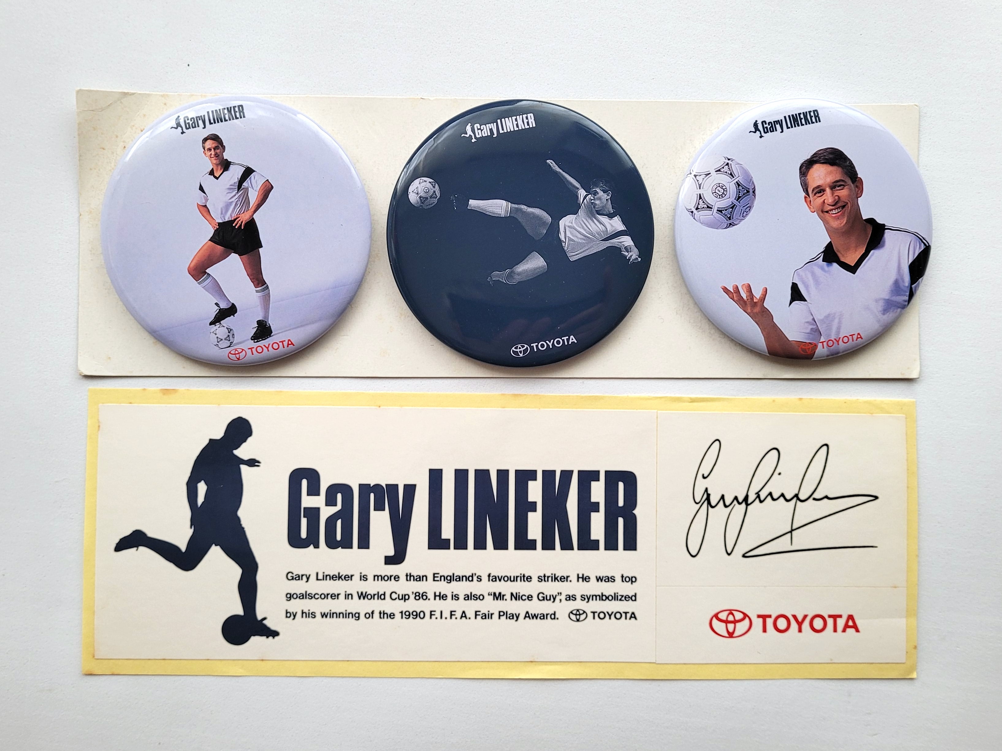 Toyota x Gary Lineker 3.25" Round Button Badge Set Of 3 w/ Sticker - 90s Pin Badges